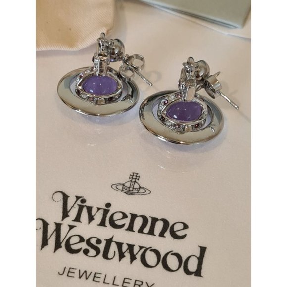 Vivienne Westwood 3D silver tone Purple Orb drop Earrings New with Box - Picture 12 of 12